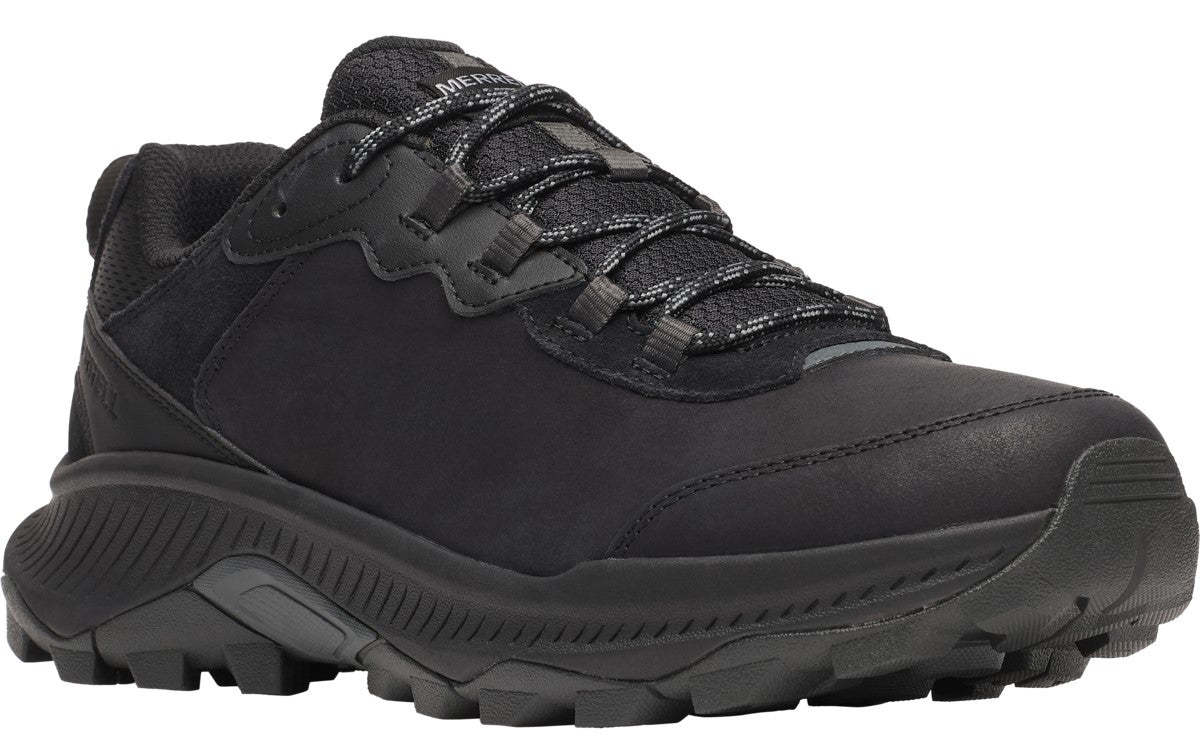 Black low-top hiking shoe with textured laces and rugged sole.
