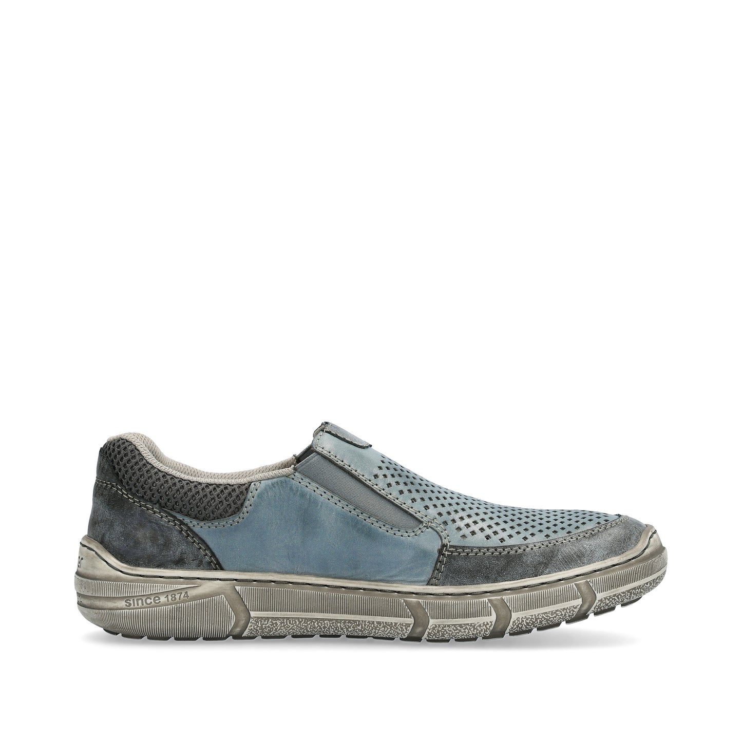 Slip-on sneaker with blue perforated leather upper, gray accents, and thick textured sole.
