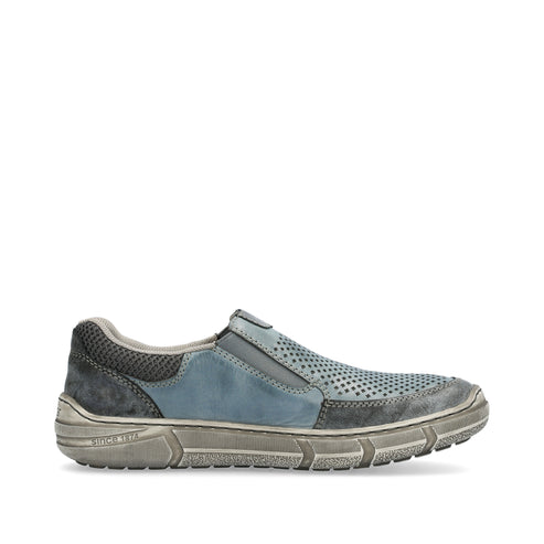 Slip-on sneaker with blue perforated leather upper, gray accents, and thick textured sole.