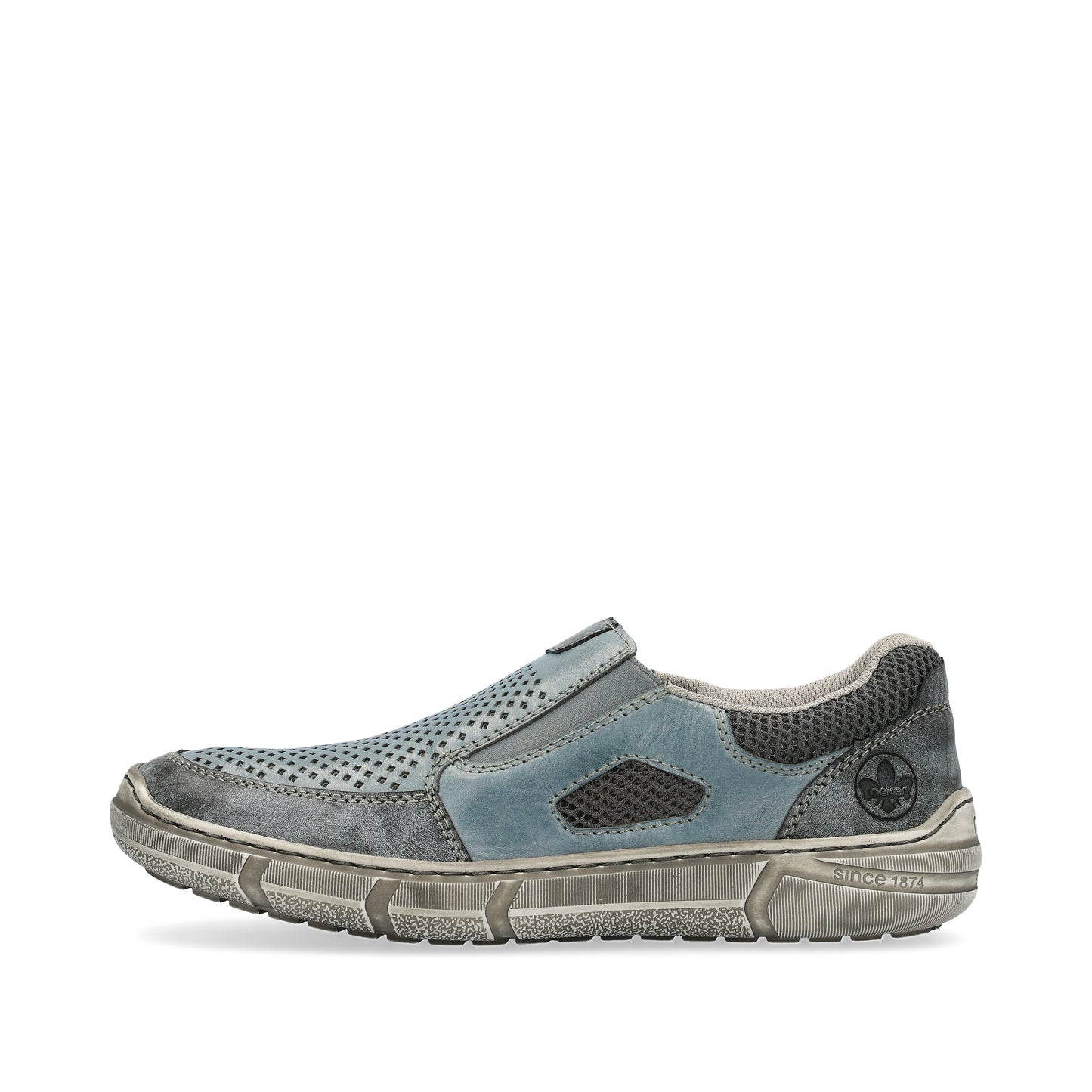 A light blue, distressed slip-on shoe with a gray sole and dark gray mesh heel.