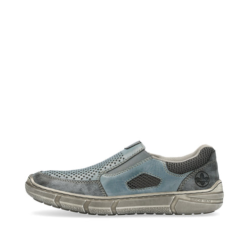 A light blue, distressed slip-on shoe with a gray sole and dark gray mesh heel.