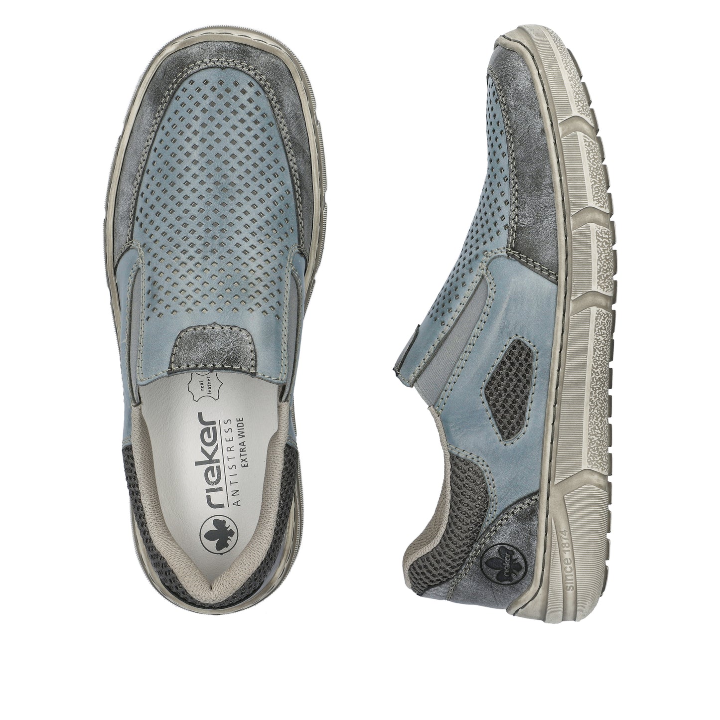 Pair of flat, light-blue casual slip-on shoes with light-grey trim.