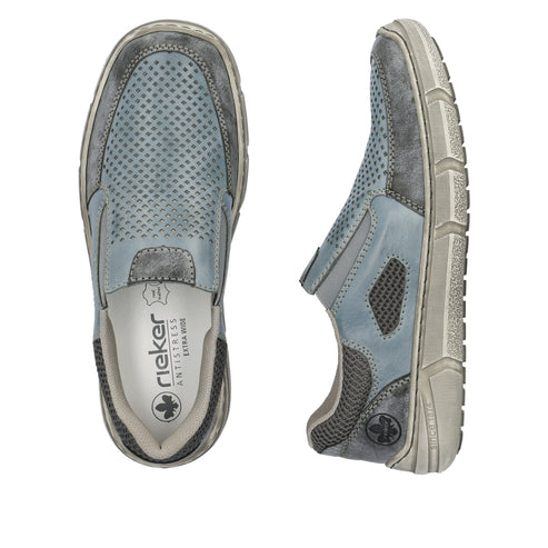 Pair of flat, light-blue casual slip-on shoes with light-grey trim.