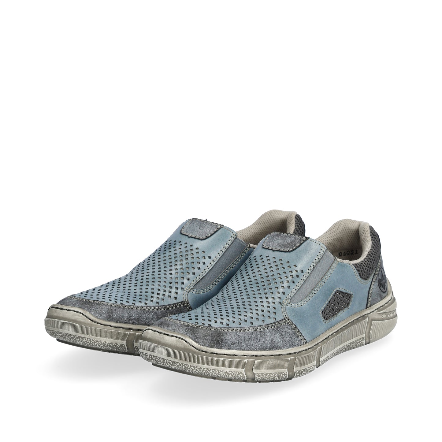 Pair of blue leather slip-on shoes with a perforated design and distressed grey soles.