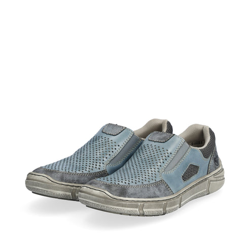 Pair of blue leather slip-on shoes with a perforated design and distressed grey soles.