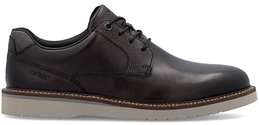 a black leather dress shoe with a lace-up closure and a grey sole
