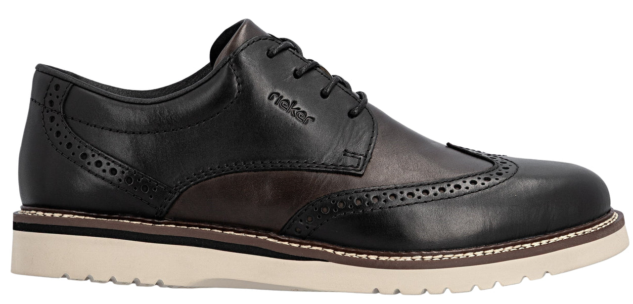 A black and brown dress shoe with a white sole.