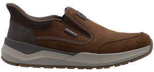 A brown slip-on shoe with gray sole.