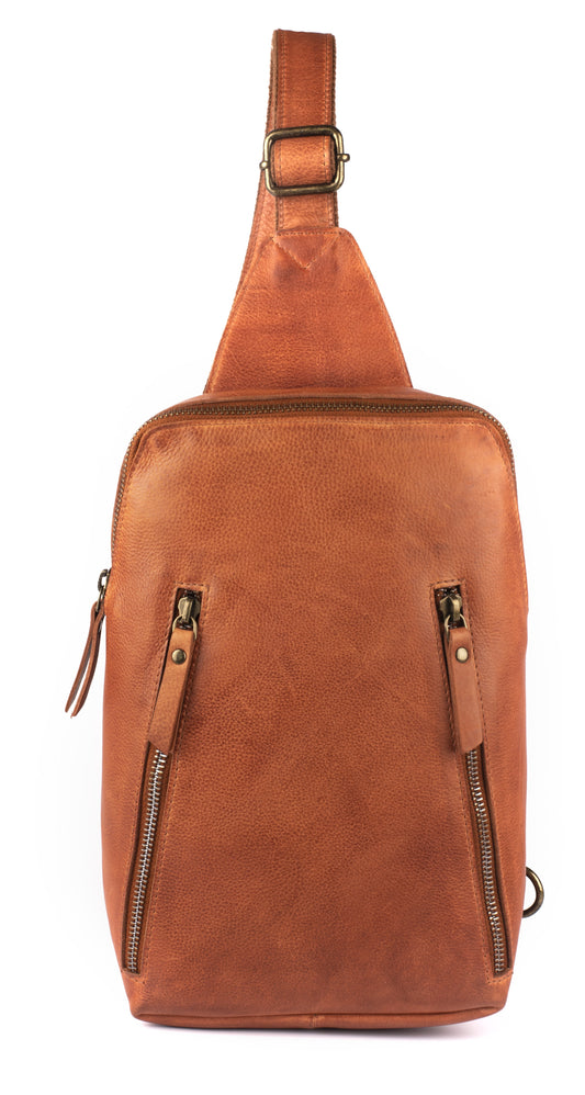 Front view of a tan leather over-the-shoulder bag with two vertical zippers.