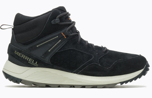 Black high-top shoe with thick, tan sole and gray laces.