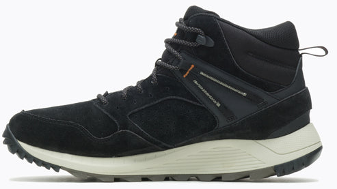 A black suede hiking boot with a cream-colored sole.