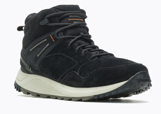 Black suede mid-height hiking boot with gray speckled laces and a beige midsole.