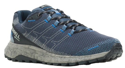 A blue waterproof hiking shoe with a gray speckled sole, featuring black and blue patterned laces.