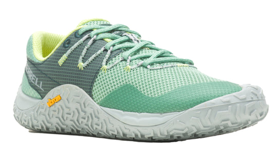 Running shoe with a green mesh upper, light gray laces, gray and neon yellow accents, and a thick gray lug sole.