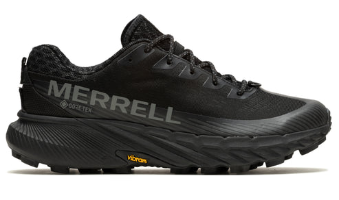 Black athletic shoe with the text "MERRELL GORE-TEX" on the side and a VIBRAM label on the sole.