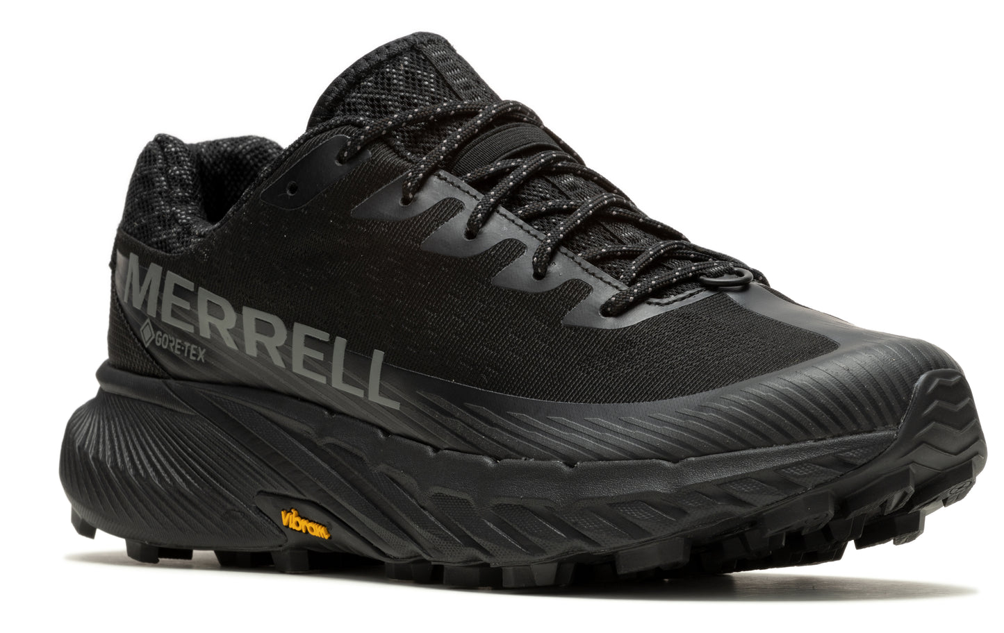 Black running shoe with textured laces, GORE-TEX and MERRELL text on the side, and a ridged sole and upper.