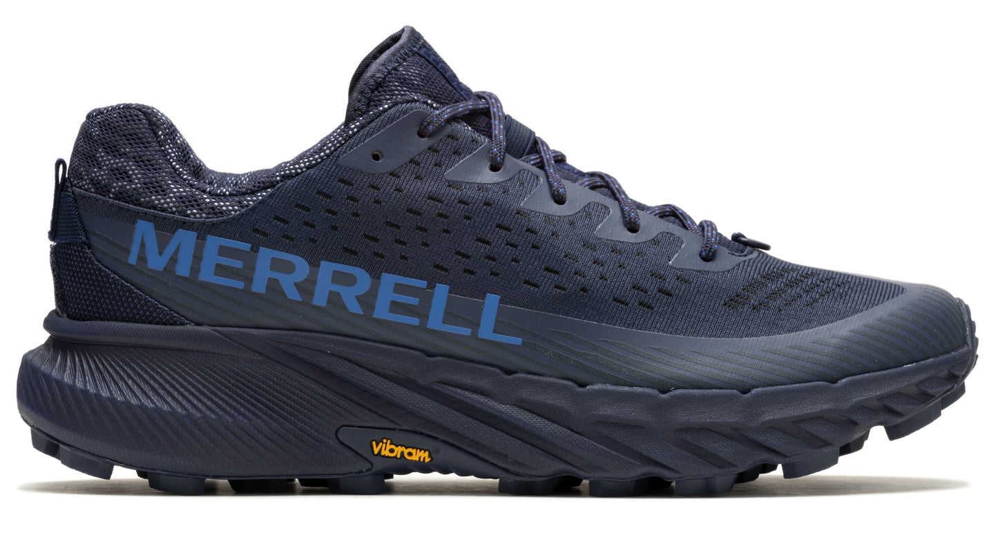 A running shoe with the word MERRELL on its side, and a Vibram logo on its sole.