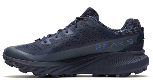 Dark blue running shoe with aggressive tread and "PEAKS 5" printed on the side.