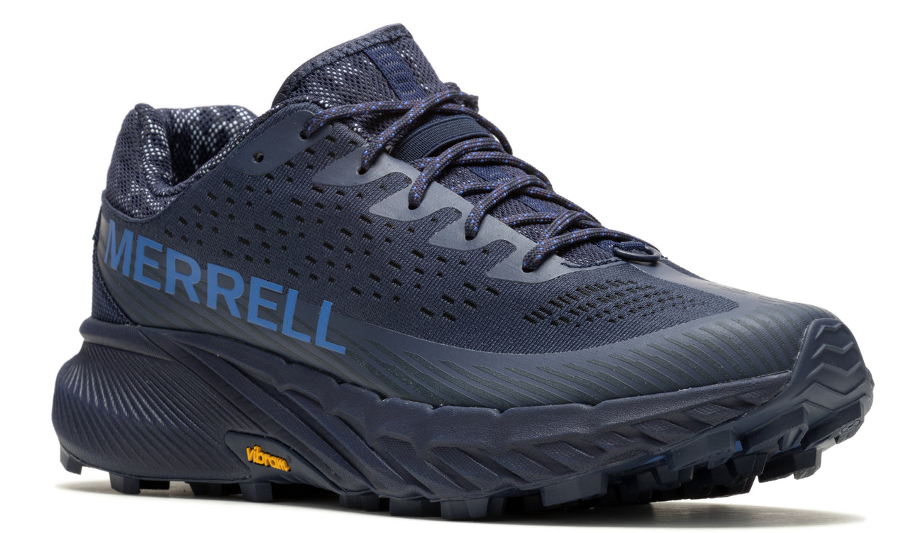 Navy blue running shoe with a dark sole. "MERRELL" is written in blue on the side.