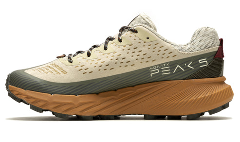 Tan running shoe with dark green lower and brown sole; speckled laces and "AGILITY PEAKS 5" text.