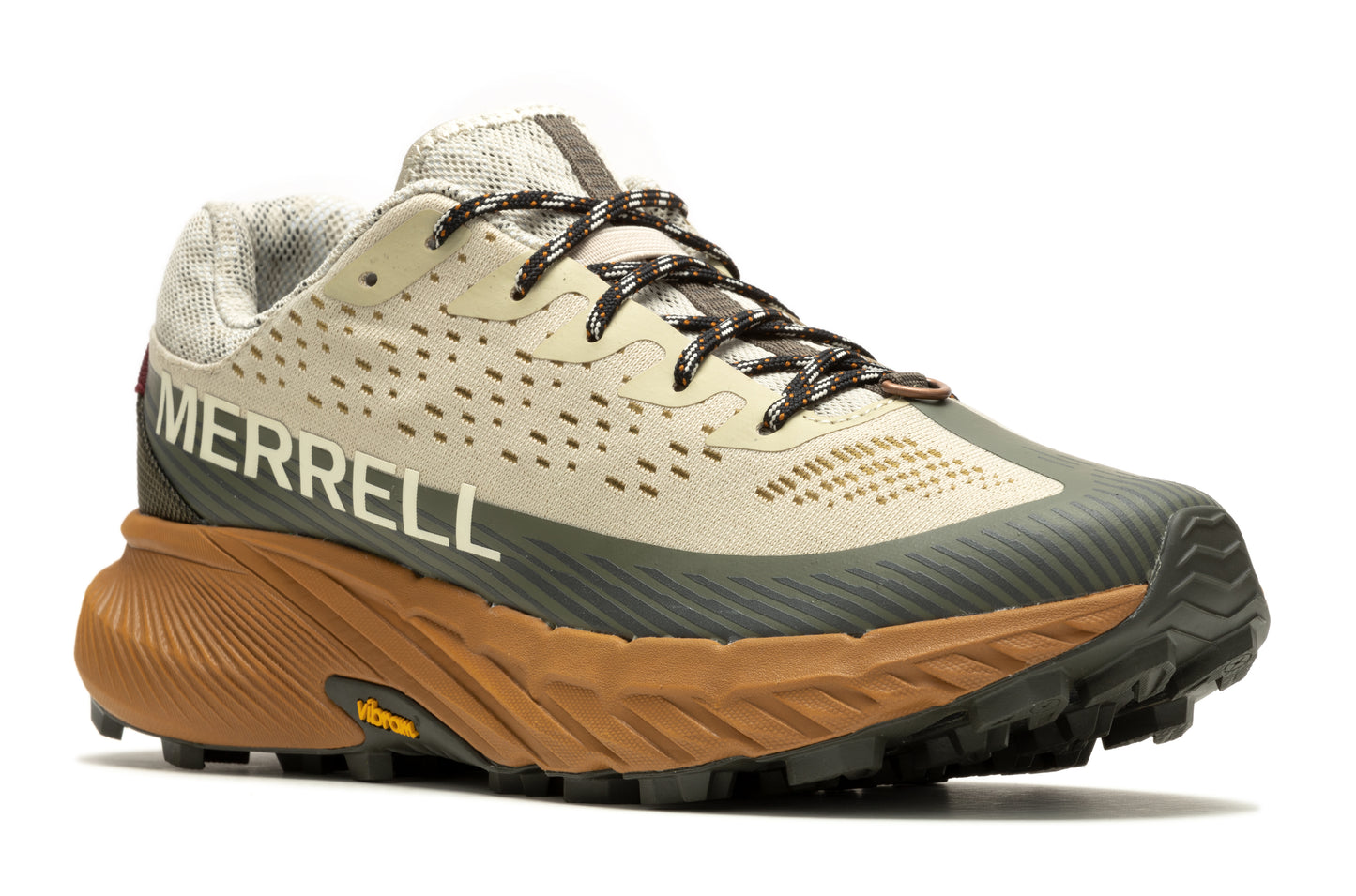 Tan athletic shoe with black laces and sole, and MERRELL logo on the side.