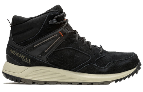 Black waterproof hiking boot with tan sole and 'MERRELL WATERPROOF' text.