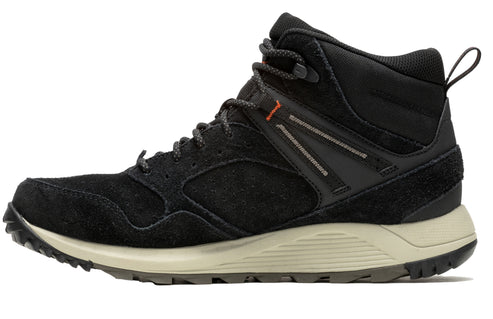 A black suede mid-top hiking boot with a light tan midsole and a dark outsole.