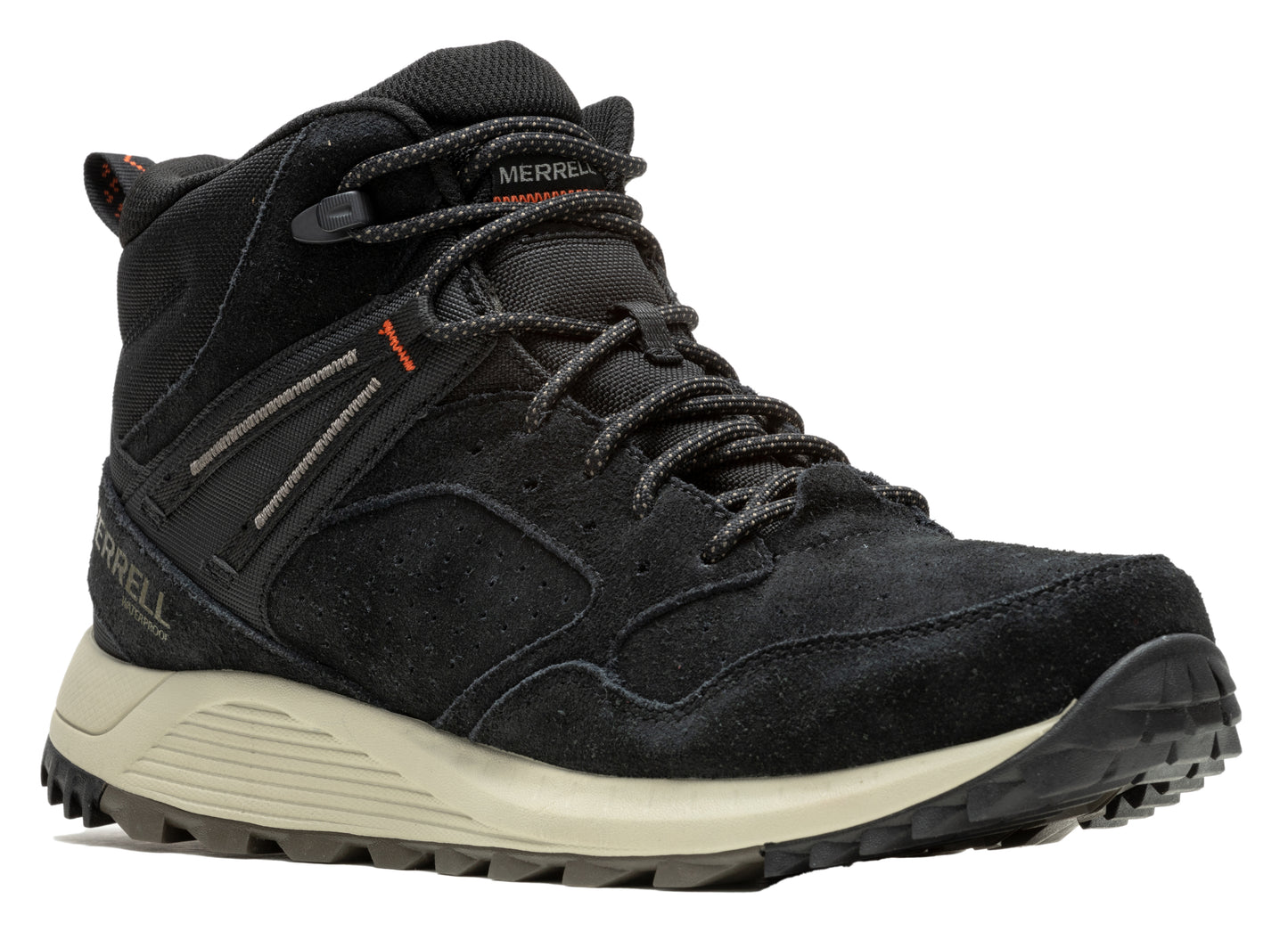 A black mid-height hiking boot with gray laces and a light-colored sole.