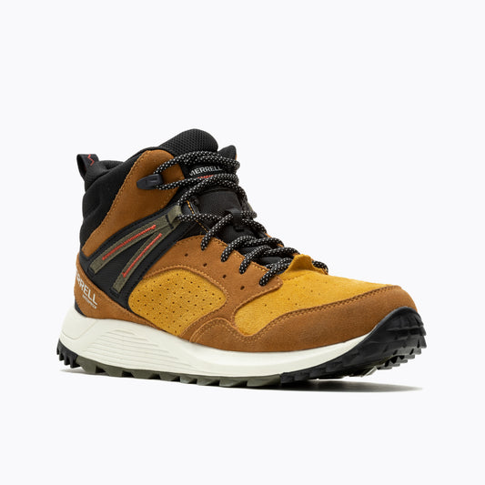 A tan and brown hiking boot with black laces and sole, and white midsole.