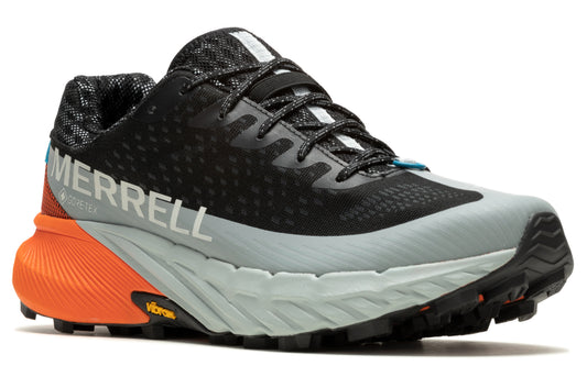 Athletic shoe with black and gray upper, orange heel, and the word MERRELL.