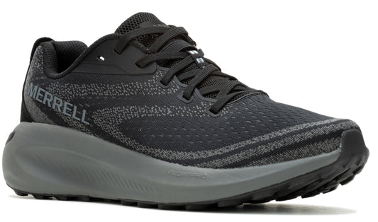 A black running shoe with the text "MERRELL" in gray letters.