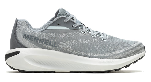 A gray running shoe with a white sole and black outsole, featuring the word "MERRELL" on the side.