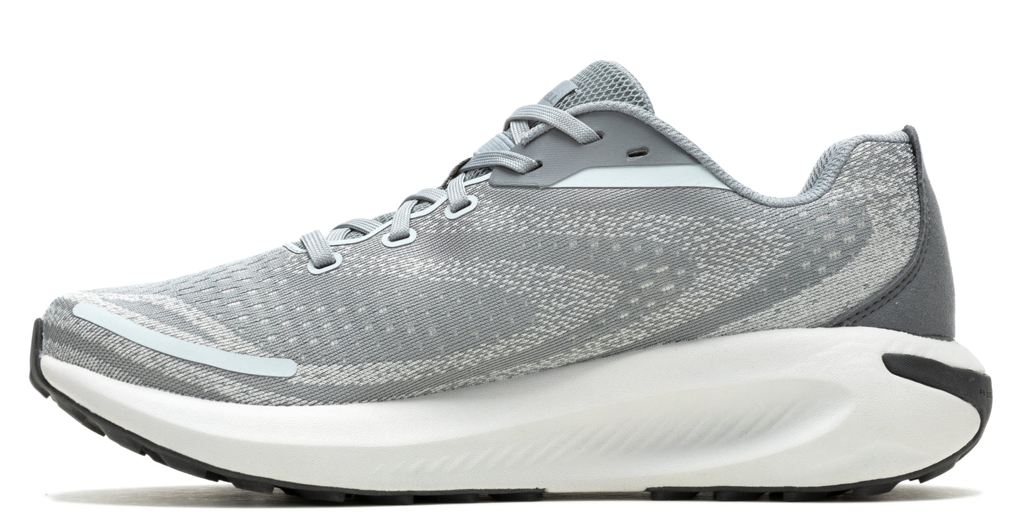 Gray running shoe with white sole.