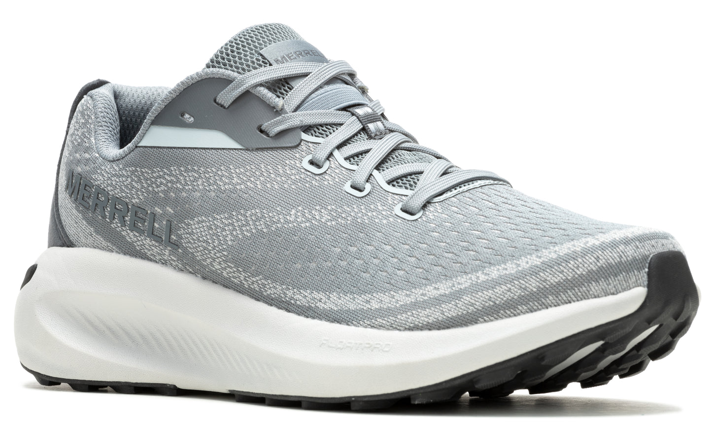 Grey running shoe with white sole and MERRELL written in the back.