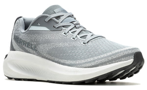Grey running shoe with white sole and MERRELL written in the back.