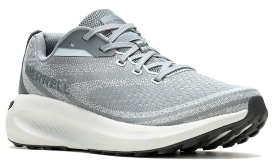 Grey running shoe with white sole and MERRELL written in the back.
