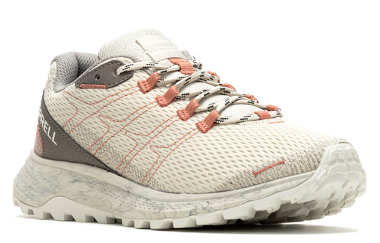 Beige athletic shoe with a patterned sole and pink accents.