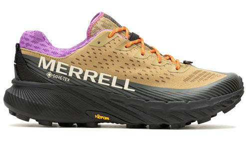 Tan trail running shoe with a black sole, orange laces, and a purple-patterned cuff bearing the text MERRELL GORE-TEX