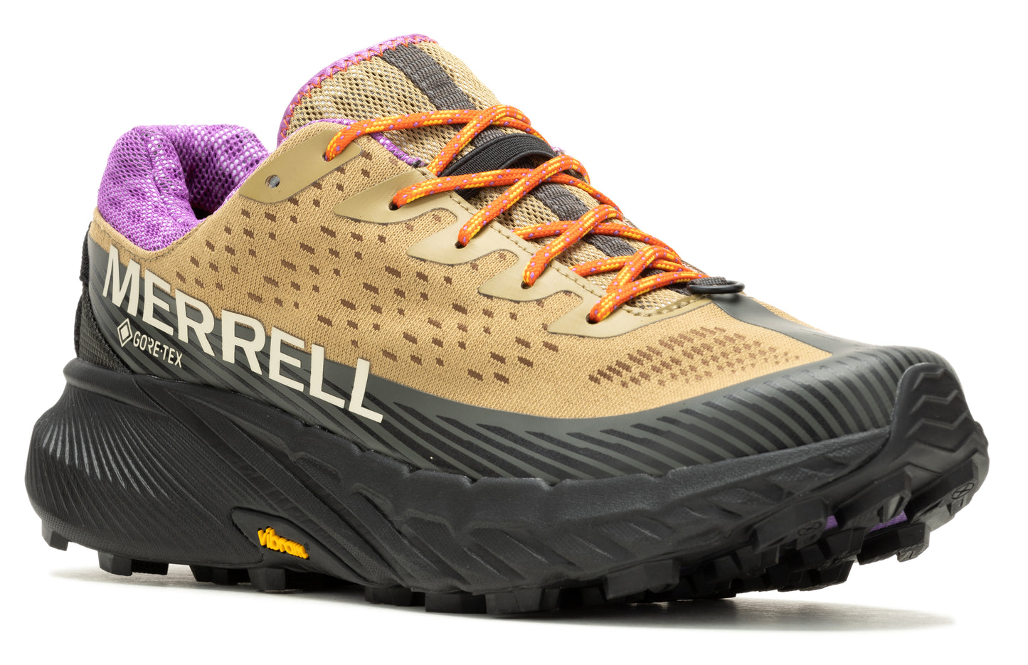Tan and black running shoe with orange laces and purple collar. "MERRELL GORE-TEX" is printed on the side.