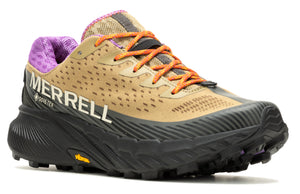 Tan and black running shoe with orange laces and purple collar. "MERRELL GORE-TEX" is printed on the side.