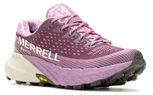 Purple running shoe with the word MERRELL printed in white on its side.