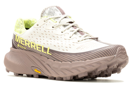 Tan and gray hiking shoe with yellow accents; Merrell and GORE-TEX printed on side.