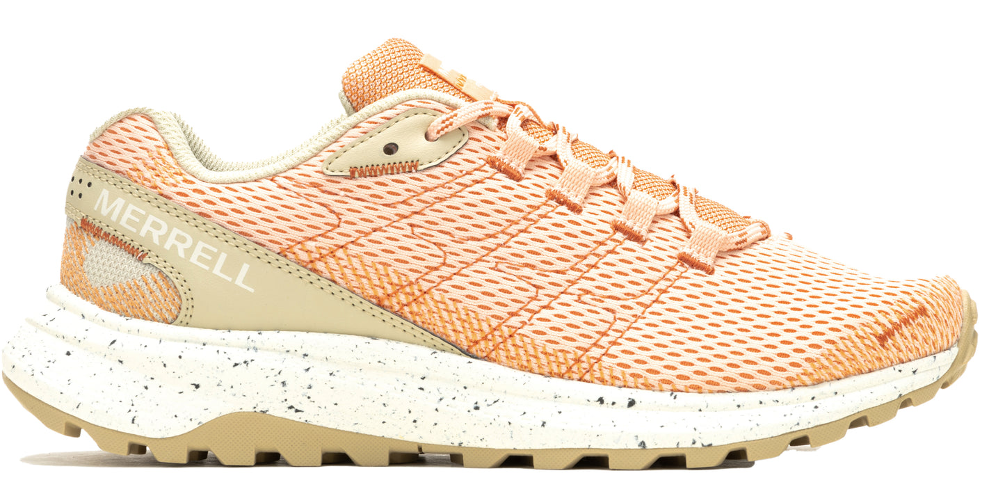 peach-colored shoe with visible MERRELL text on the side