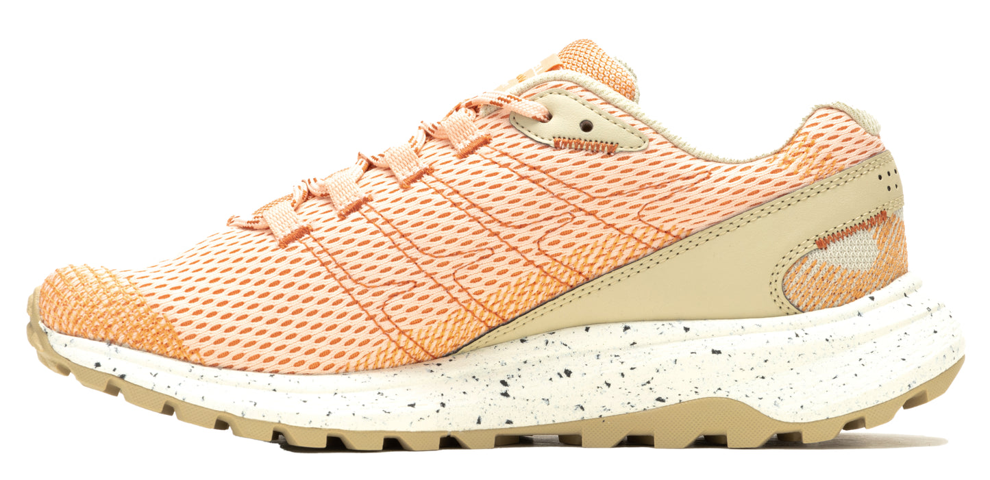 Peach-colored athletic shoe with speckled midsole and tan sole.
