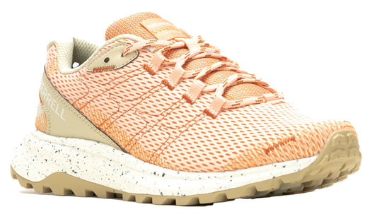Low-top peach and beige athletic shoe with speckled sole.
