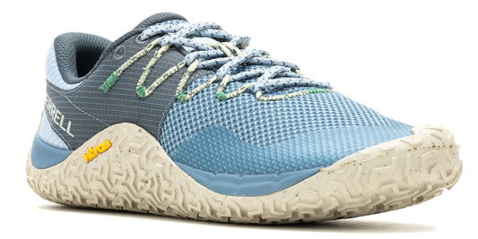A blue and gray athletic shoe with a light beige sole and patterned laces.