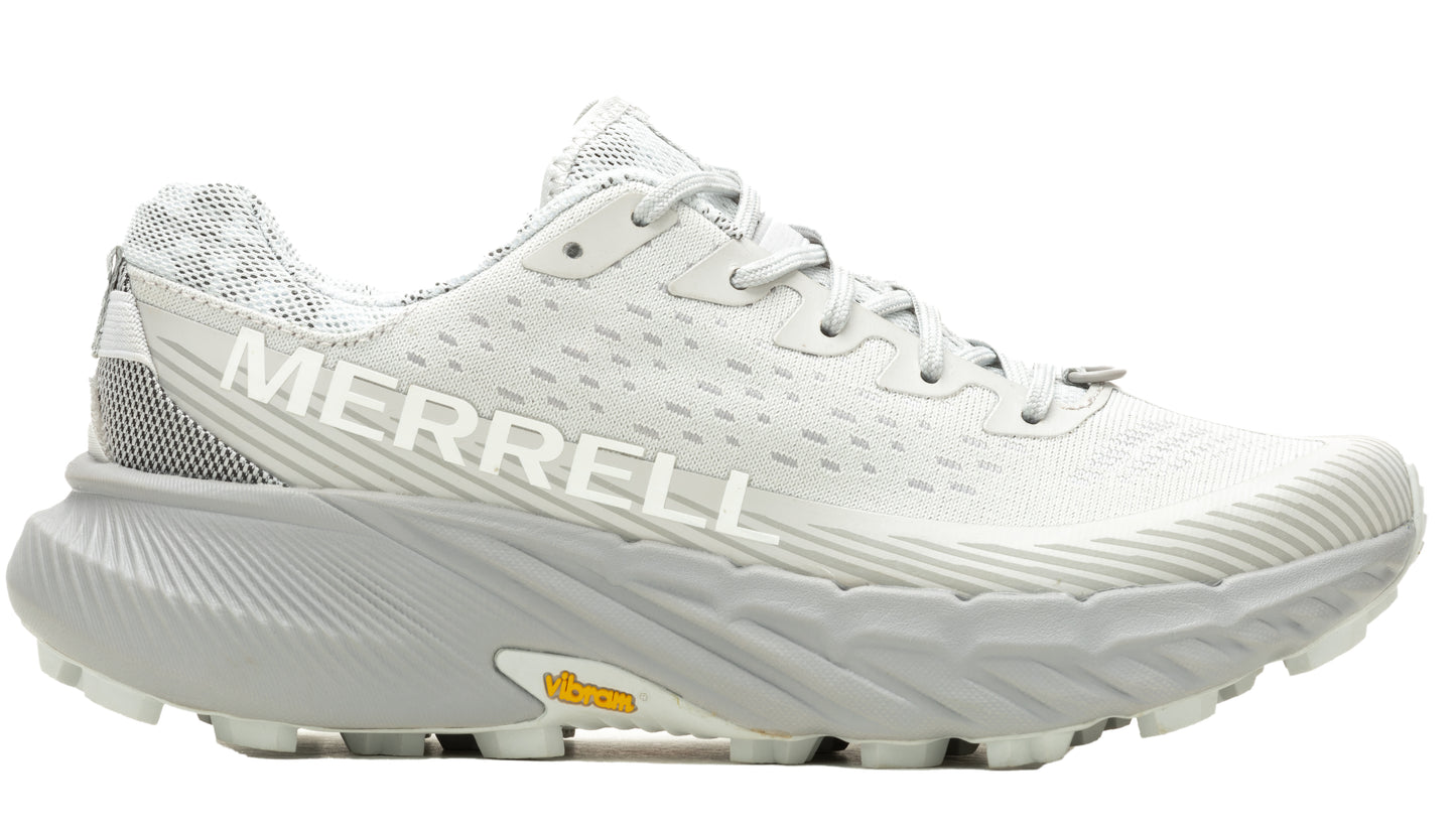 Low-top athletic shoe with white upper, laces, and chunky textured sole; "MERRELL" is displayed on the side.