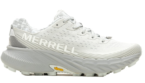 Low-top athletic shoe with white upper, laces, and chunky textured sole; "MERRELL" is displayed on the side.