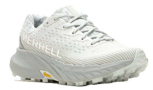 Low-cut white athletic shoe with 'MERRELL' on the side and a rugged sole.
