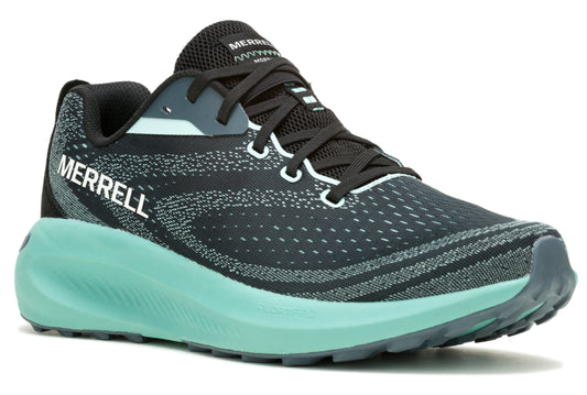 A running shoe featuring a black upper with a light blue midsole. "MERRELL" is visible on the side.